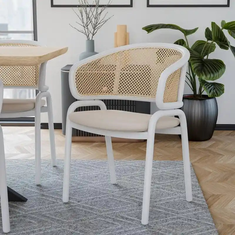 Modern Stylish Dining Arm Chair with Rattan Back and Steel Legs