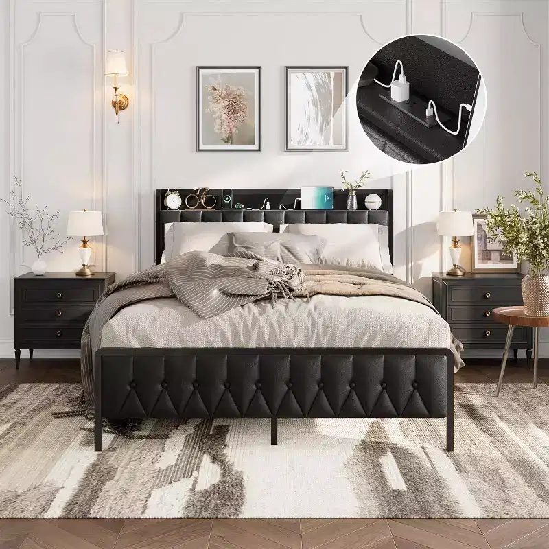 Full/ Queen/ KingBed Frame with Charging Station, Faux Leather Platform Bed with Storage Button Headboard & Footboard, No Box Spring Needed, Black