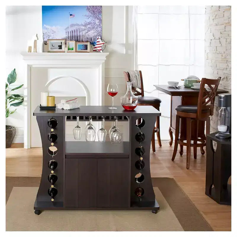 24/7 Shop At Home Claren Curved Standing Wine Rack Wood/Espresso: Elegant Storage, Mobile Bar