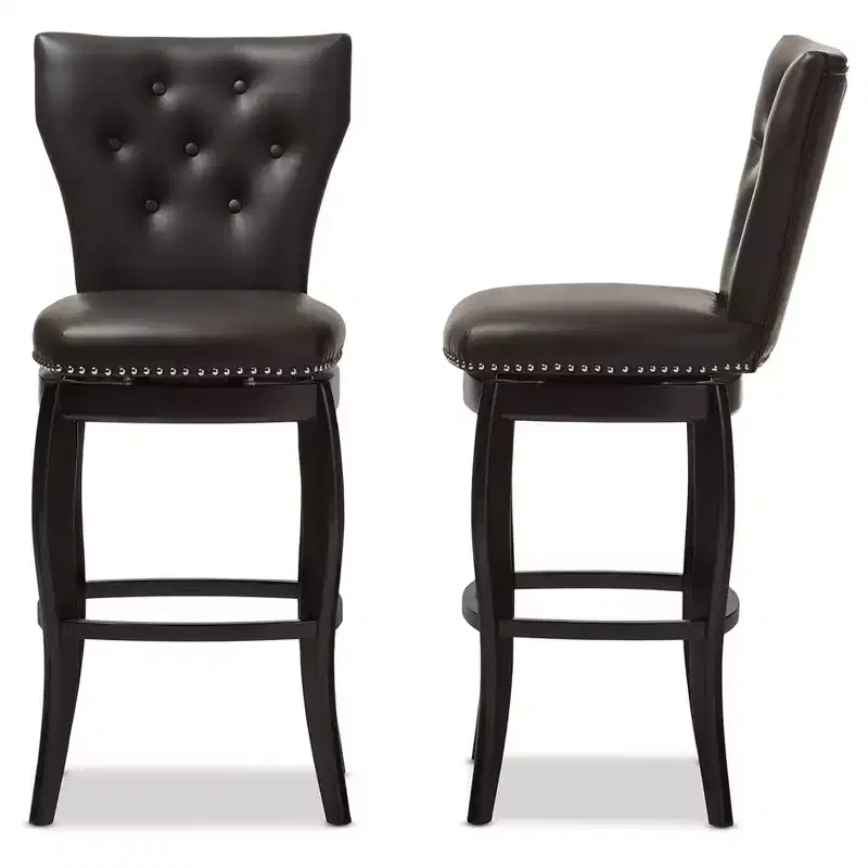 Baxton Studio 29" Leonice Faux Leather Upholstered Button Tufted Swivel Barstool Dark Brown: Rubberwood Frame, Padded Back