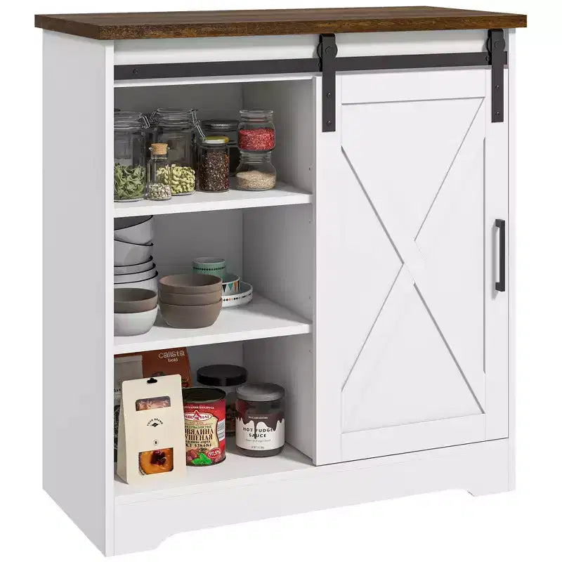 Farmhouse Coffee Bar Cabinet - 33 Buffet Sideboard with Sliding Barn Door & Adjustable Shelf