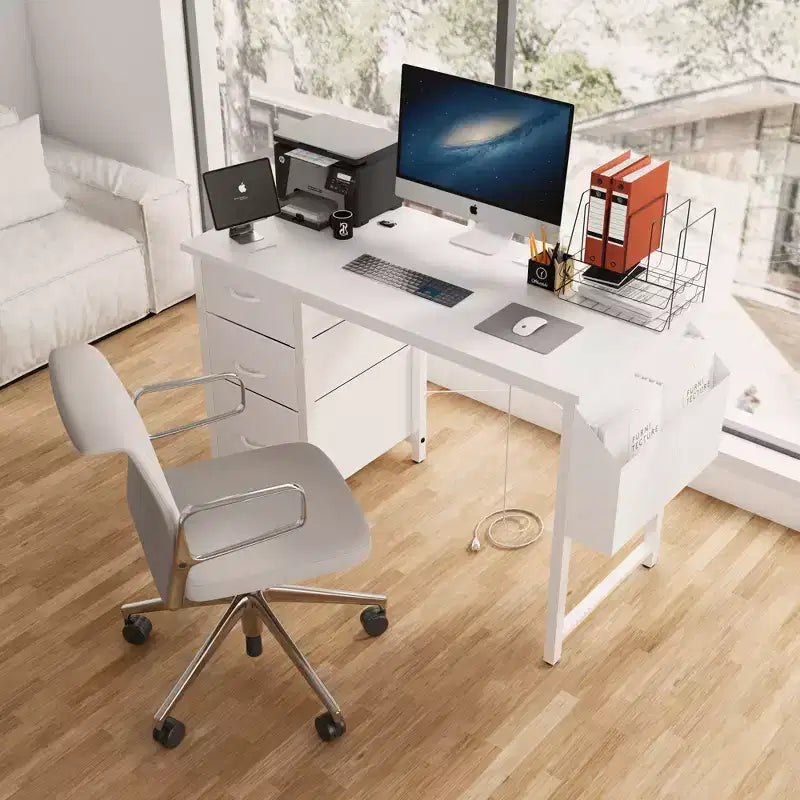 Modern Home Office Computer Desk with Drawers & Shelves, Writing Desk with Side Bag for Study & Office