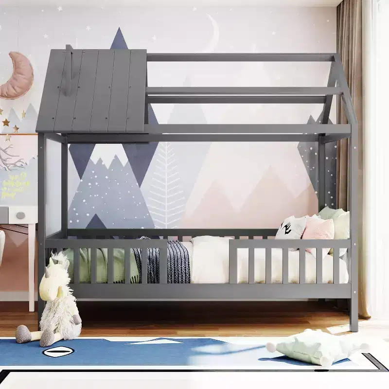 Twin Size Solid Wood House Bed Frame with Safety Fence for Kids
