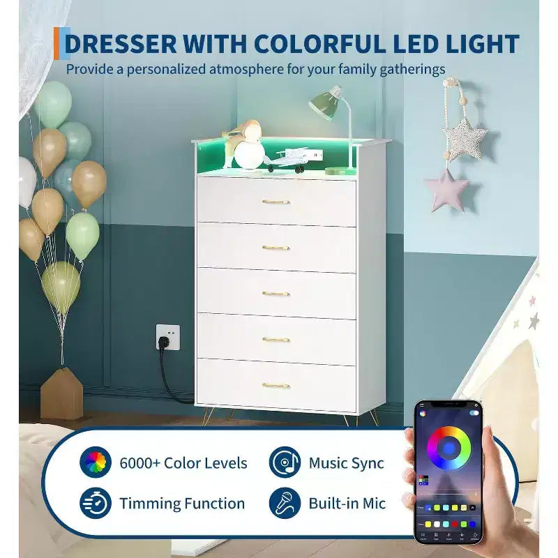 5-Drawer Dresser with LED Lights, App-Controlled Charging Station for Living Room, White