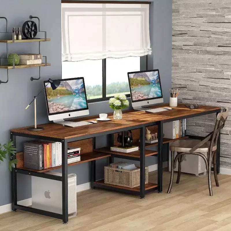 78.7 Double Desk with Bookshelf for Two Persons, Writing Workstation for Home Office