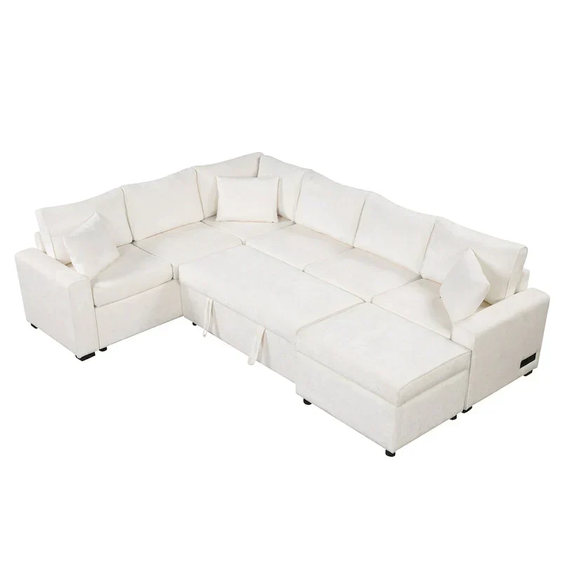 Chenille Sectional Sofa Pull-out Sofa Bed, L-Shape Sleeper Sofa with Storage Ottoman, 3 Pillows and Charging Devices