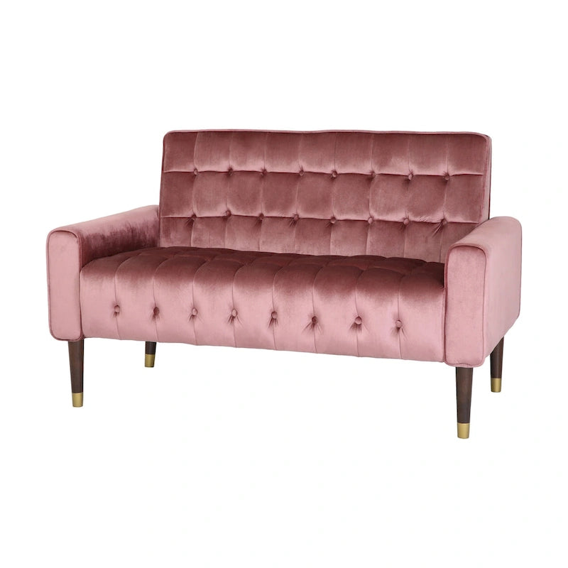 Mid-Century Modern Tufted Velvet Loveseat with Gold Tapered Legs