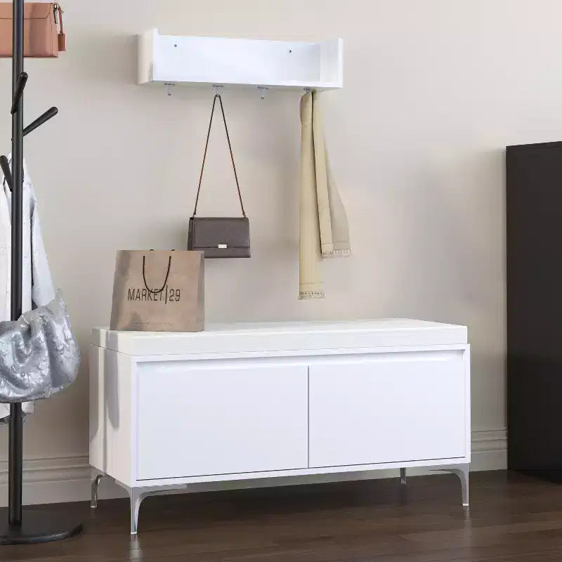 2-Piece Entryway Set: Wall-Mounted Shelf with 4 Hooks + Shoe Storage Bench with Cushion and Double-Door Cabinet, Off White