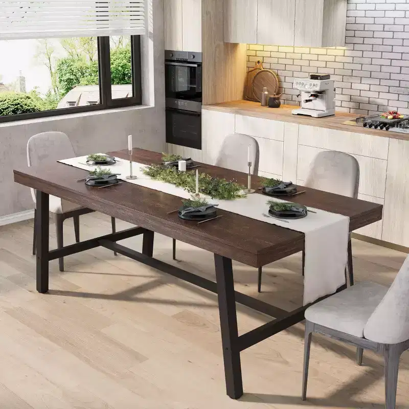 70.87 Industrial Dining Table for 6-8 People, Long Wooden Kitchen Table with Sturdy Metal Frame & Black Finish, Seats 6 Rectangular Counter