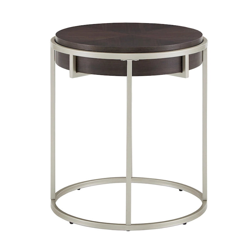 Round Coffee Table with Geometric Walnut Veneer Top and Gold Metal Base