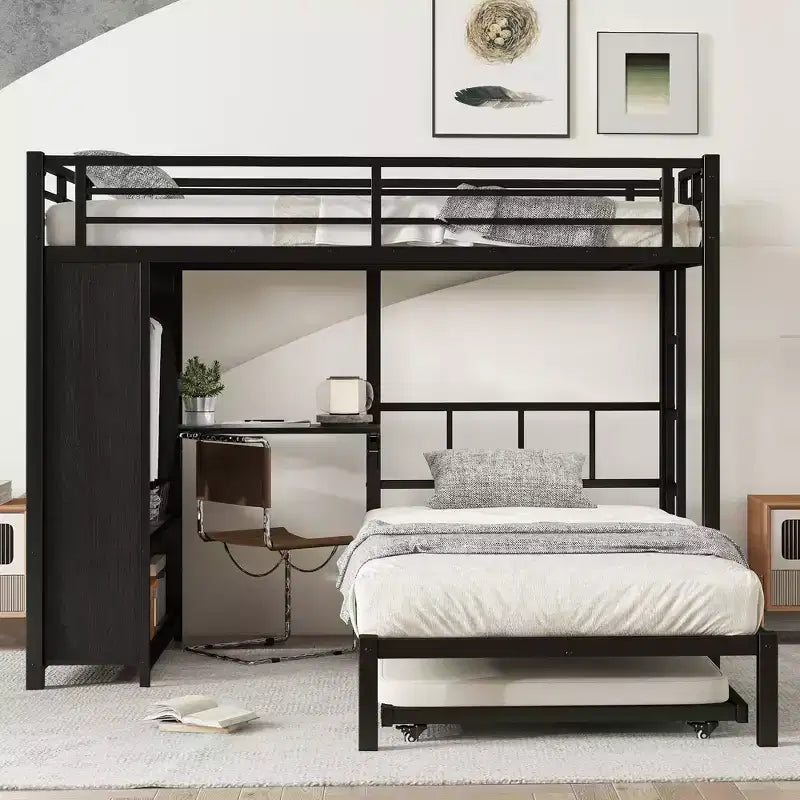 Full over Twin Bunk Bed with Built-in Wardrobe, Trundle, and Foldable Desk