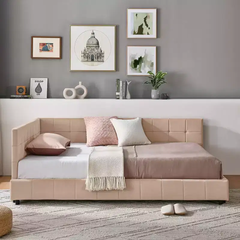 MAYEERTY Full Size Upholstered Tufted Bed Frame with Backrest and Armrest for Bedroom Pink
