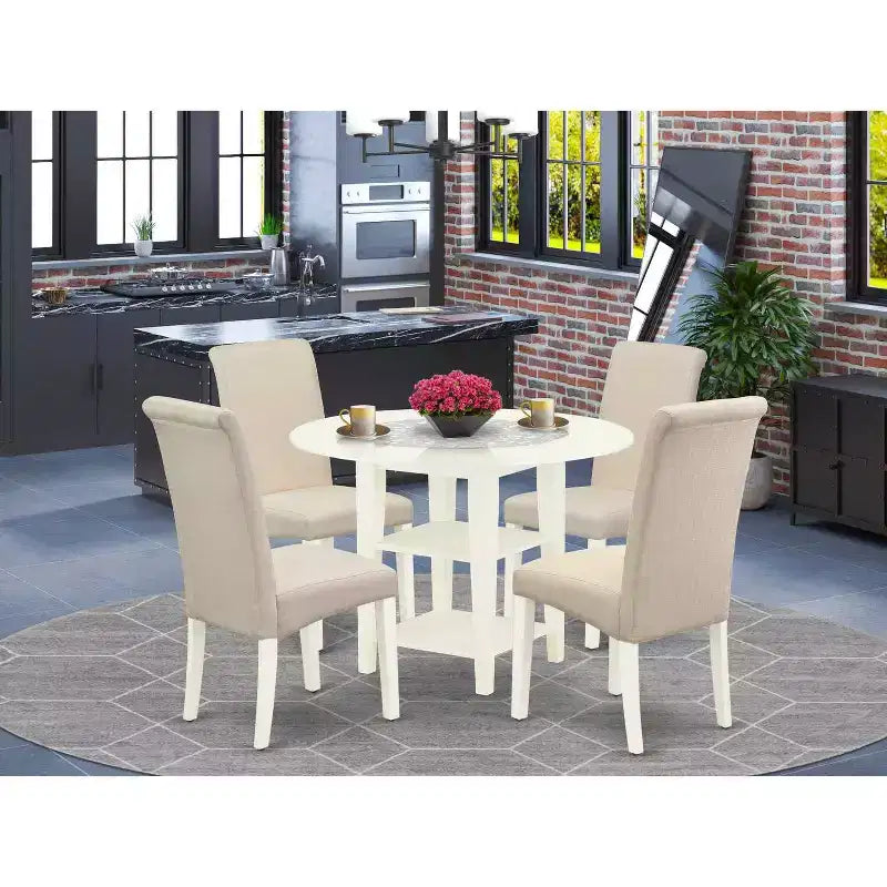 5-Pc Round Linen White Finish Solid Wood Top-Dining Room Set with Dropleaf-Seats 4