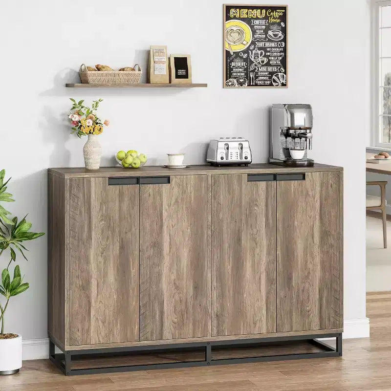 Buffet Sideboard Cabinet, 55 Wide Entryway Console with 4 Doors & Adjustable Shelves,Wood Coffee Bar Cabinet for Living Room, Dining Room, Kitchen