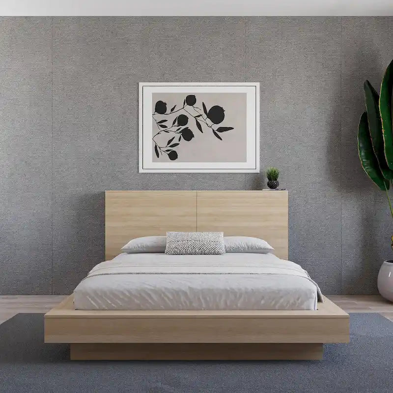 Modern Storage Headboard with Side Shelves | Oak Finish