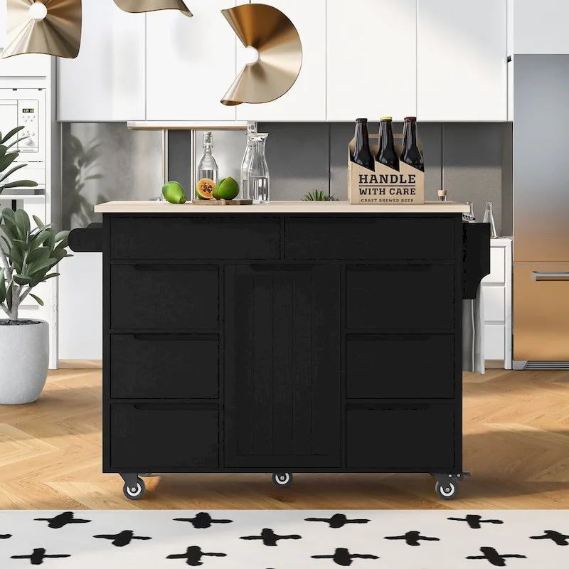 Rolling Kitchen Island Cart with 8 Handle-Free Drawers Rubberwood Top and Spice Rack