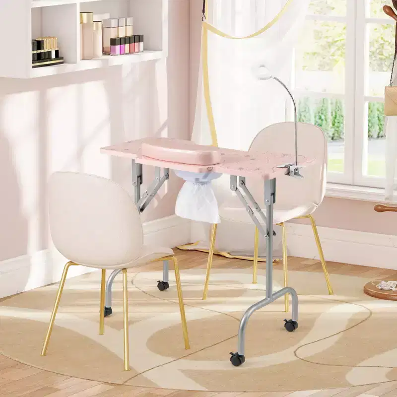 Folding Manicure Nail Table with Electric Dust Collector LED Lamp Carry Bag Pink