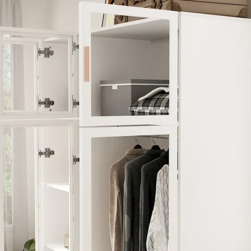 47.2 Wide Armoire LED Light All Glass Door Closet Cabinet Wardrobe