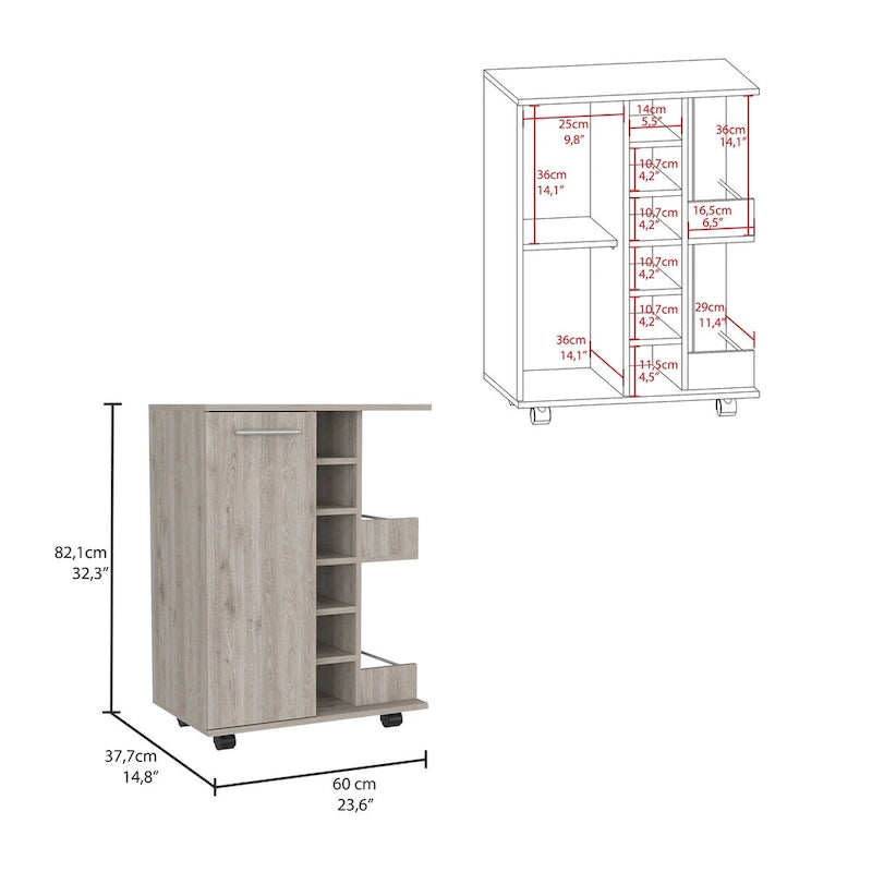 Rolling Bar Cart with Enclosed Cabinet 6-Bottle Wine Cubby and Open Bottle Shelves