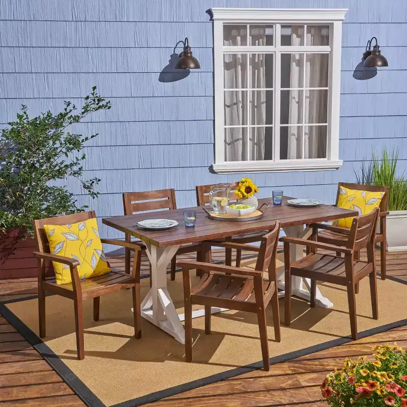Christopher Knight Home Shalimar Outdoor Acacia Wood 7 Piece Dining Set, Dark Brown and White