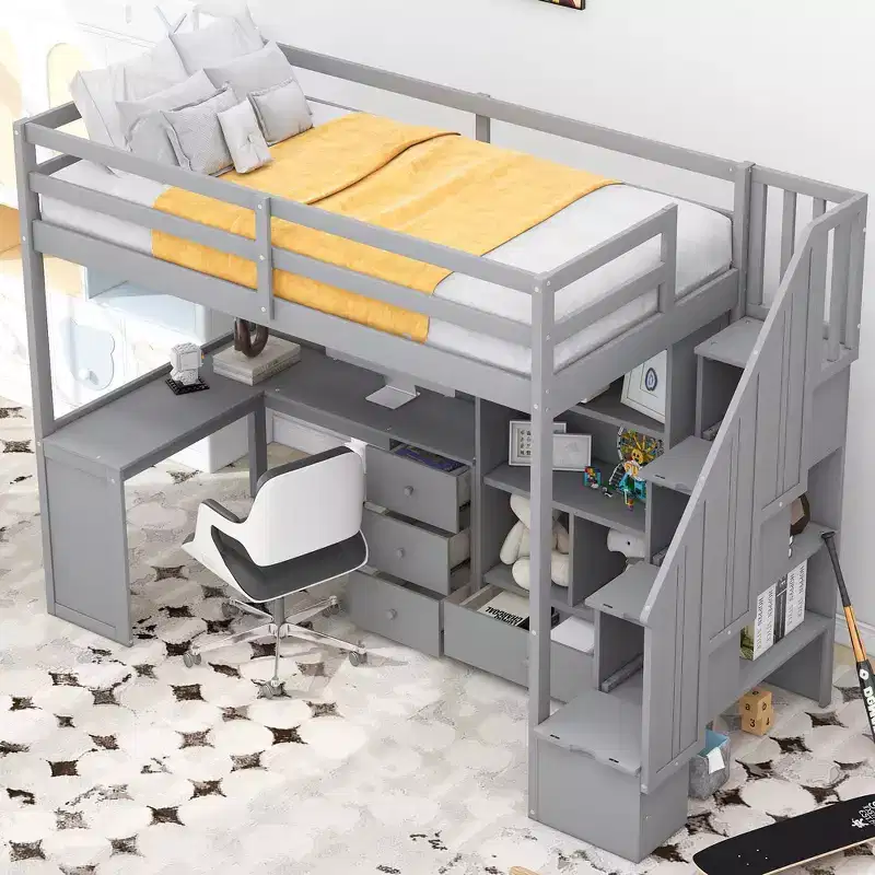 Twin Size Loft Bed with L-Shaped Desk, 3 Drawers, Cabinet, Staircase Storage, Solid Pine/MDF Build