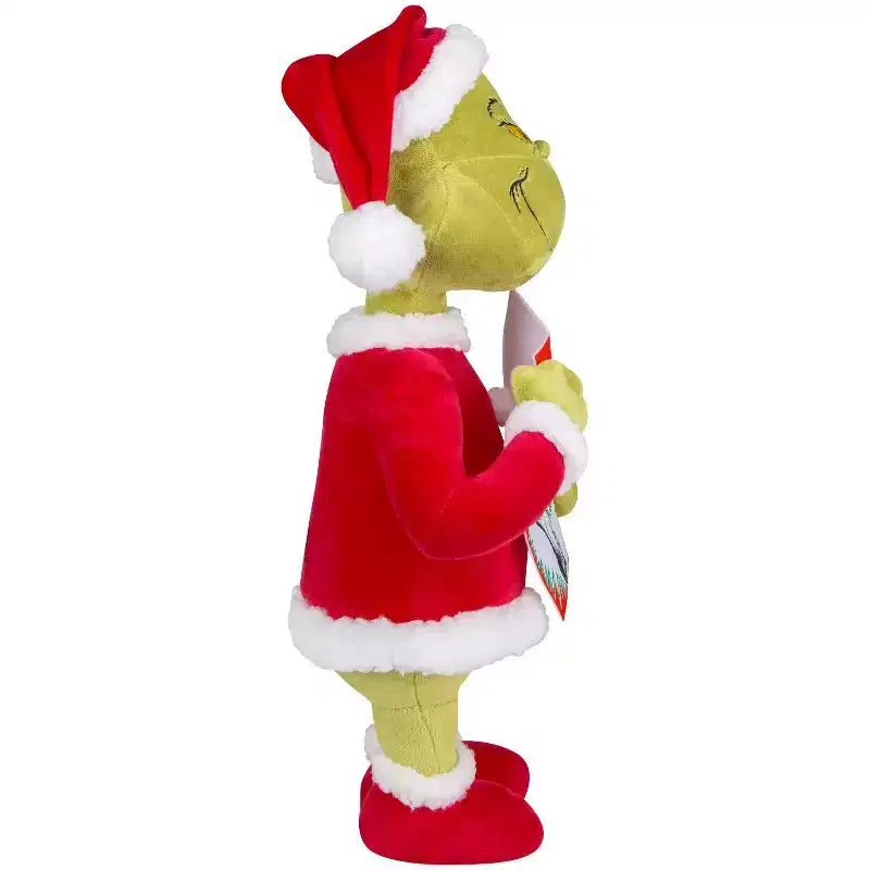 Gemmy 19 in Holiday Greeter Stuffed Grinch in Santa Suit with Dr. Seuss Book - Red