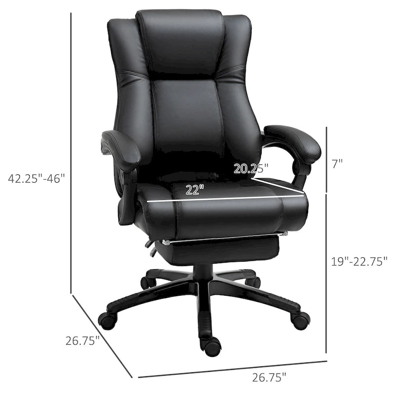 Executive Home Office Chair Padded High Back PU Leather Recliner with Retractable Footrest, Adjustable Height, Black
