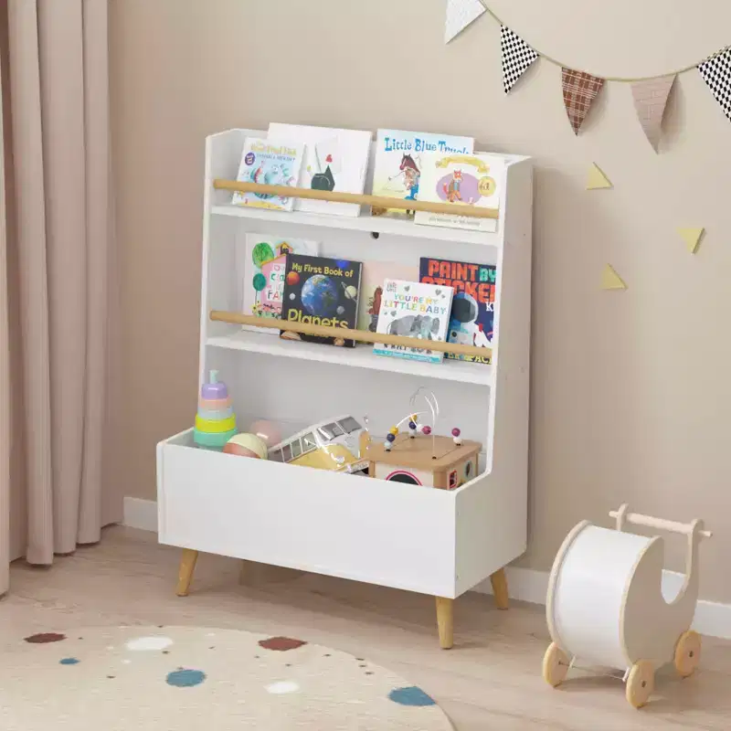 Kids Bookshelf, Book and Magazine Rack with Toy Storage Cabinet for Bedroom or Living Room, White