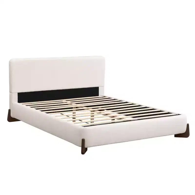 Queen Size Upholstered Bed with Terry Fabric, Solid Wood Legs and Padded Frame, White