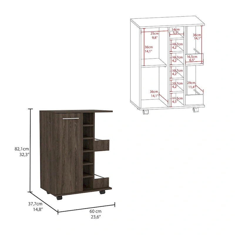 Rolling Bar Cart with Enclosed Cabinet 6-Bottle Wine Cubby and Open Bottle Shelves