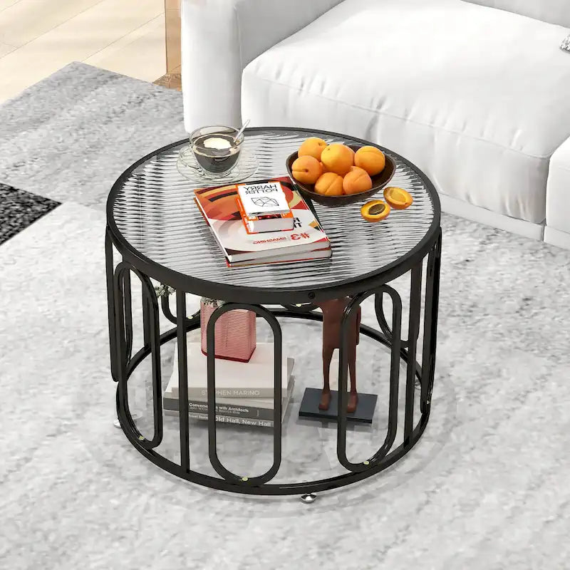 2-Tier 24 Round Coffee Table with Oval Swivel Brackets & Reeded Glass