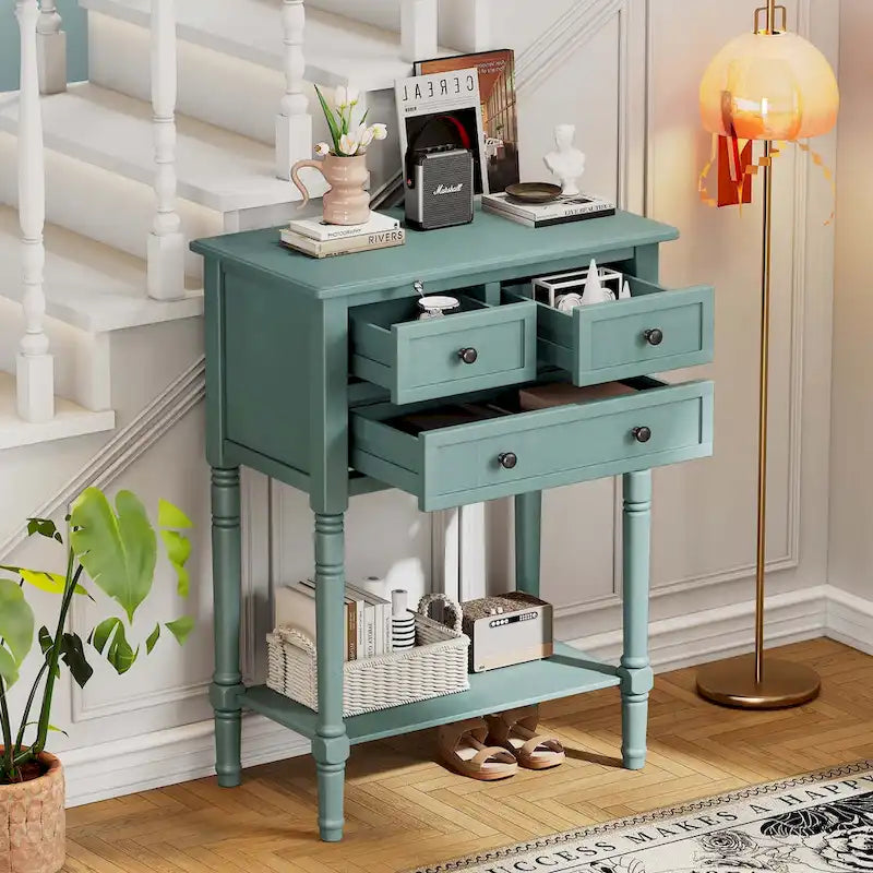 Narrow Console Table with Drawers and Bottom Shelf