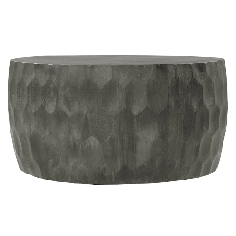 33 Inch Wooden Round Drum Coffee Table with Geometric Carved Pattern, Gray
