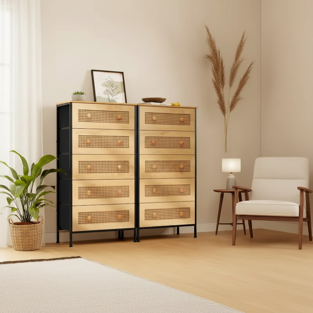 5-Drawer Faux Rattan Storage Dresser �C Steel Frame Fabric Bedroom Tower