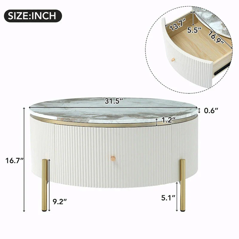 31.5 Modern Round Coffee Table with Large Drawer Storage