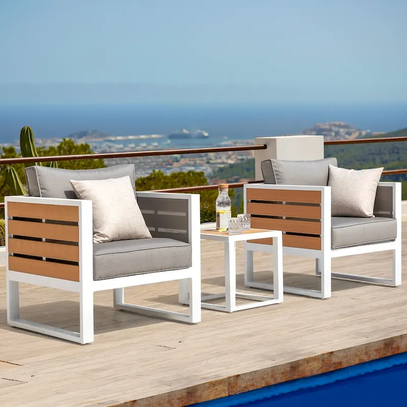Outdoor Aluminum Sofa Set, Side Table, 2 Armchairs, Cushions