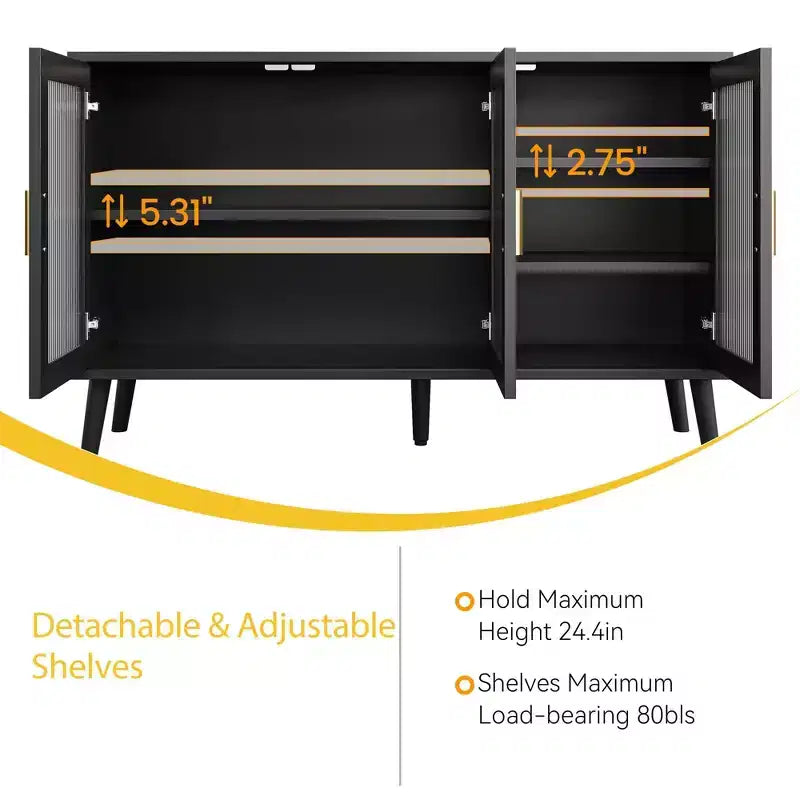 48 in Large Black Sideboard Cabinet with 3 Fluted Glass Doors for Kitchen, Dining and Living Room