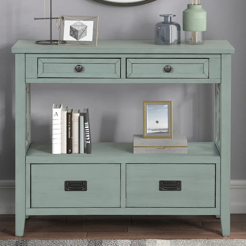 36 in. Farmhouse Pine Wood Console Table with 4 Drawers and Open Shelf