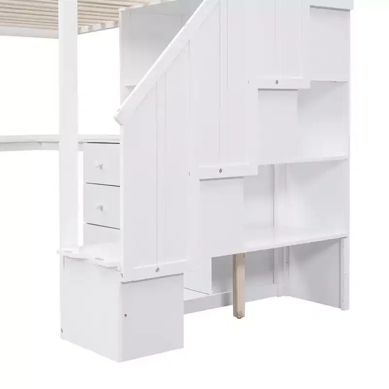 Twin Size Loft Bed with L-Shaped Desk, 3 Drawers, Cabinet, Staircase Storage, Solid Pine/MDF Build
