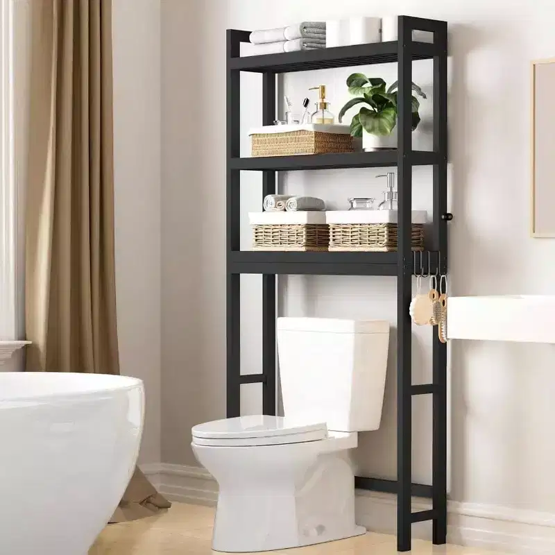 Over Toilet Storage Cabinet 3 Tier Bathroom Organizers with Adjustable Shelf 4 Hooks Space Saving Black Shelf Rack