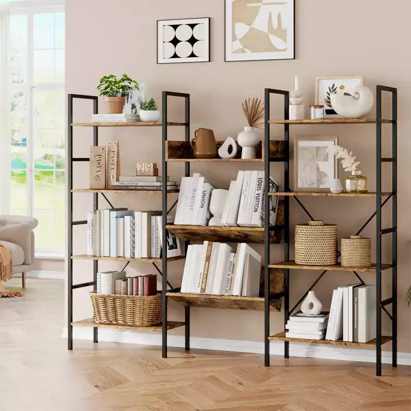 4-Tier Industrial Bookshelf, Triple Column Open Display, 72.8W