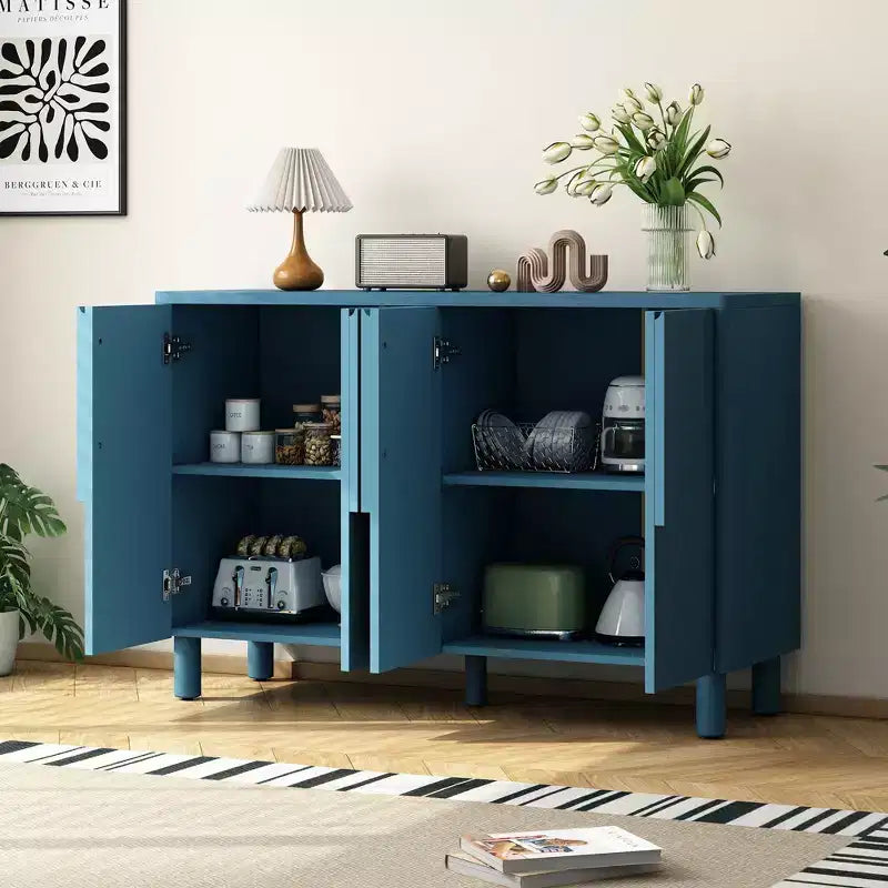 TUYOHW 4-Door Sideboard Cabinet,Wood Buffet Table with Arc Handles,Adjustable Shelves,Cable Management,Console Cabinet for Dining Room,Kitchen,Navy