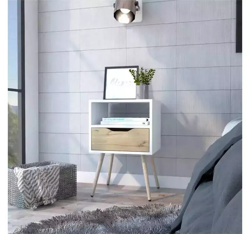 Pamplona Nightstand White/Light Oak - Boahaus: Modern Design, Open Shelf, Wood Laminate