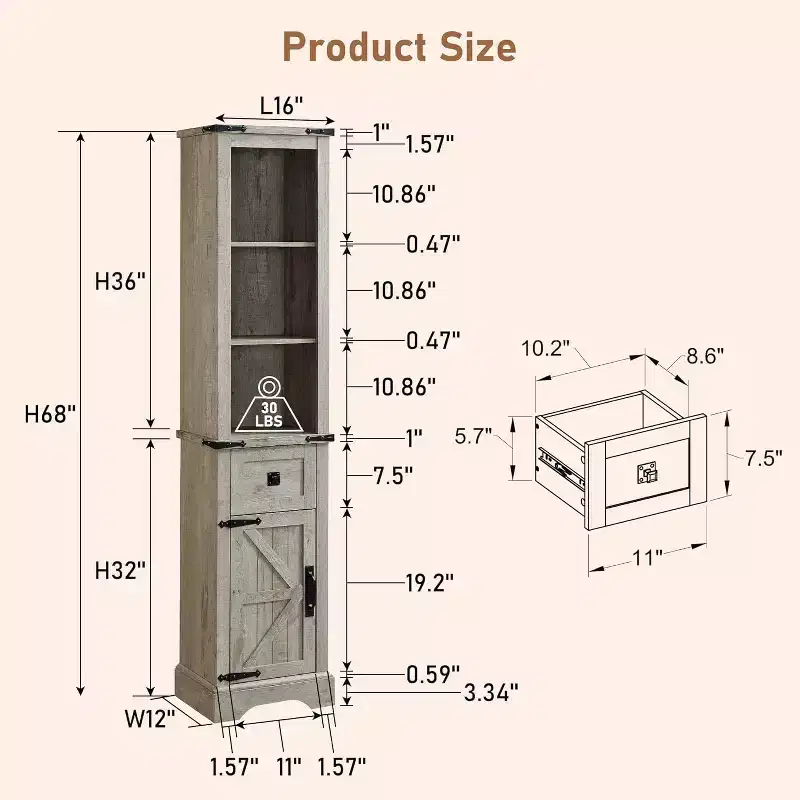 Dcolora Bathroom Storage Cabinet, Farmhouse Storage Cabinet with Adjustable Shelves & Drawer