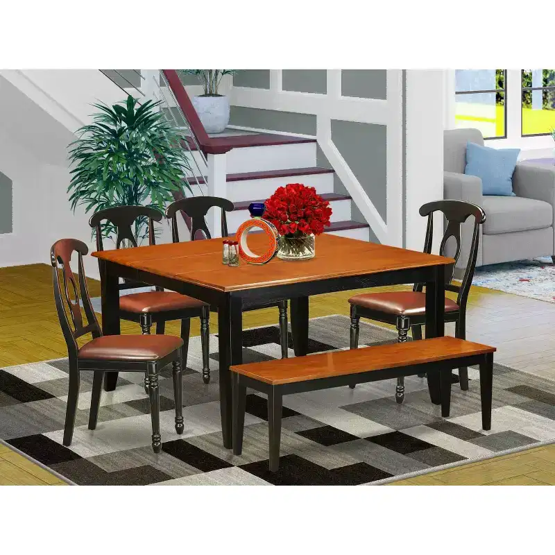 HomeStock 6-Piece Square Black & Cherry Finish Solid Wood Top dining Table with 1-Bench and 4-Chairs