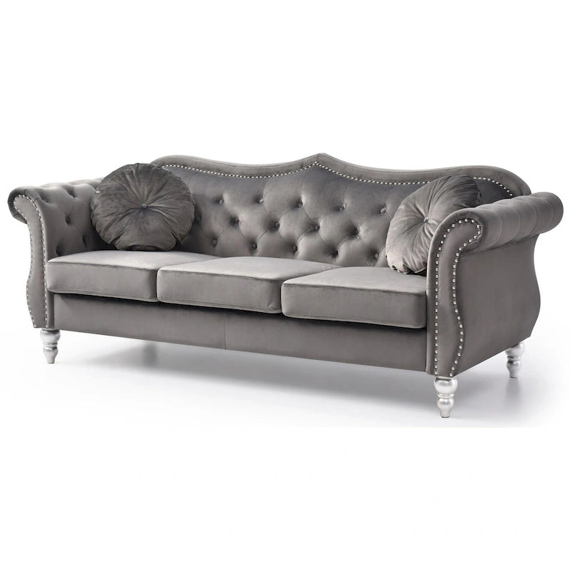 82 in. Velvet Chesterfield 3-Seater Sofa with Tufted Back and Nailhead Trim