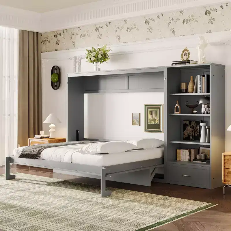 Queen Size Murphy Bed with Shelf, Wooden Queen Cabinet Bed Wall Bed with Storage Compartments, Folding Wall Chest Bed for Small Space