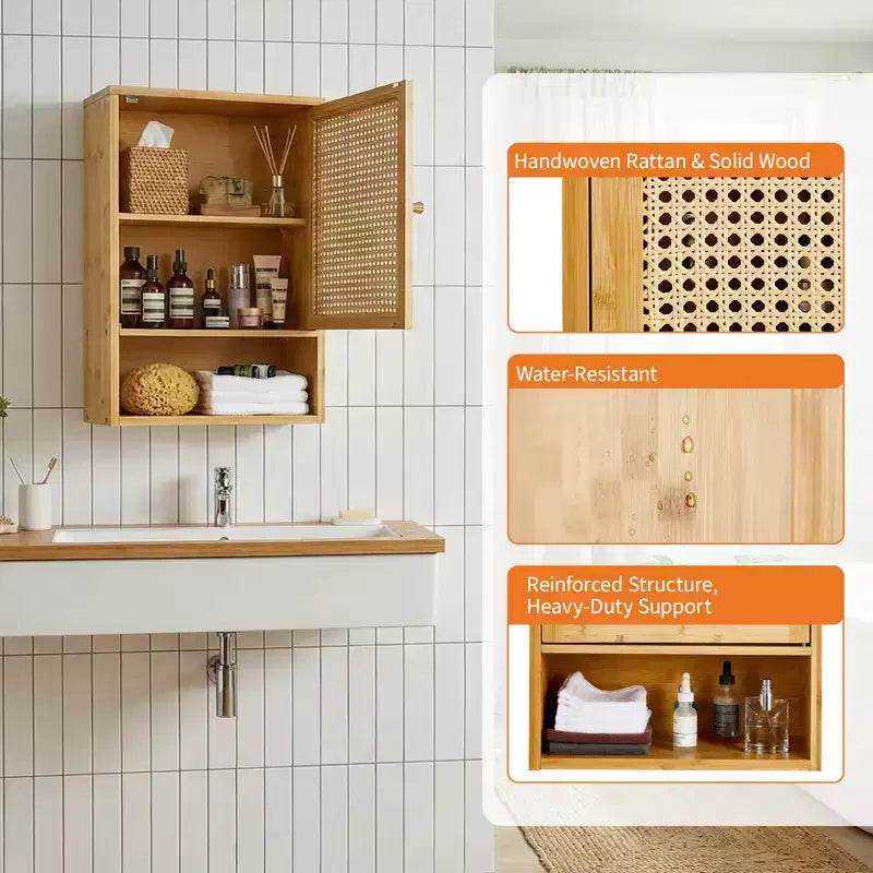 Wall Mount Bamboo Bathroom Cabinet Over Toilet Medicine Cabinet with Rattan Doors Adjustable Shelf Hanging Storage for Kitchen Laundry Living Room