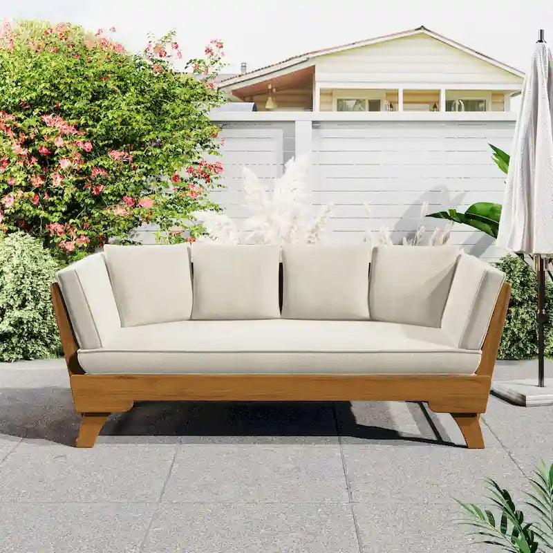 Outdoor Daybed Sofa - 3-Seater with Foldable Arms, Acacia Wood Frame & Removable Cushions