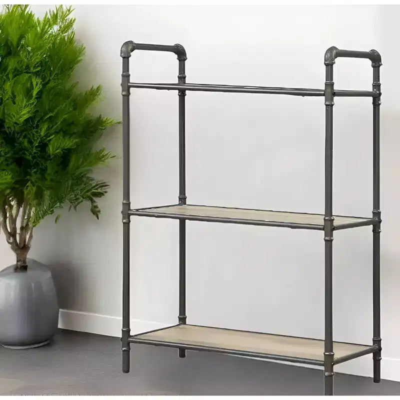 HomeRoots 36 Antique Oak and Sandy Gray Metal Three Tier Standard Bookcase